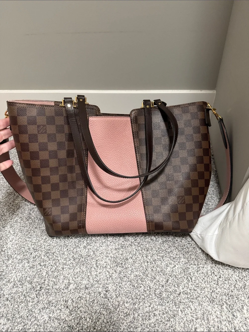 Louis Vuitton Brown Checkered Tote with Pink Panel - Picture 2 of 7